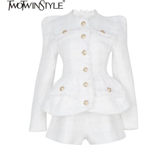 TWOTWINSTYLE Elegant White Shorts Sets Females Round Neck Long Sleeve Slim Jacket High Waist Short Pants Solid Womens Suit 2021