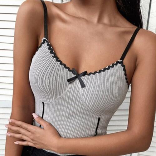 Vintage Ribbed Corset Tops Women Sexy Bow Lace Patchwork V Neck Camisole Harajuku Sleeveless Crop Vest Tees