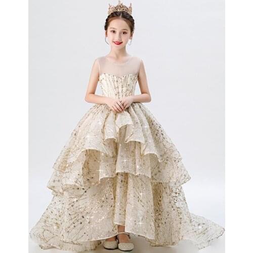 High-end Sexy sequins stitching Girls evening dress Kids Catwalk princess dress for girls birthday party Gown vestidos L336