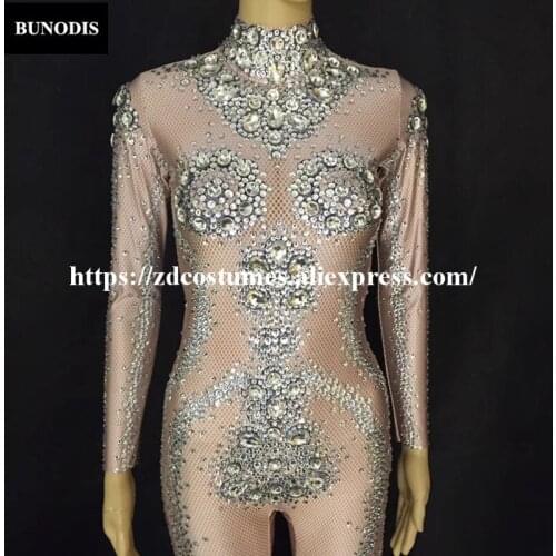 ZD160 Star Style Big Glass Diamonds Women Jumpsuit Full Of 1000pcs Sparkling Crystals Hand Made Bodysuit Nightclub Party