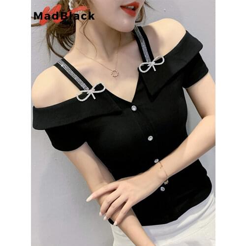 Summer European Clothes T-Shirt Fashion Off Shoulder Diamonds Women Tops Elegant Cotton Sexy Back Short Sleeve Tees 2021 T14507A