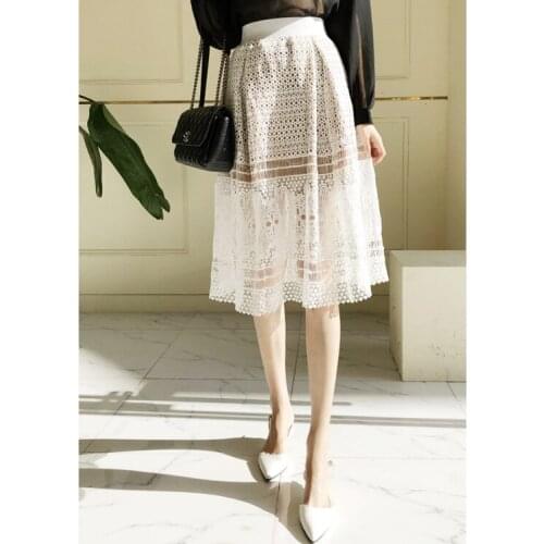 2020 Autumn new womens elastic waist hollow out lace crochet floral midi long ball gown skirt