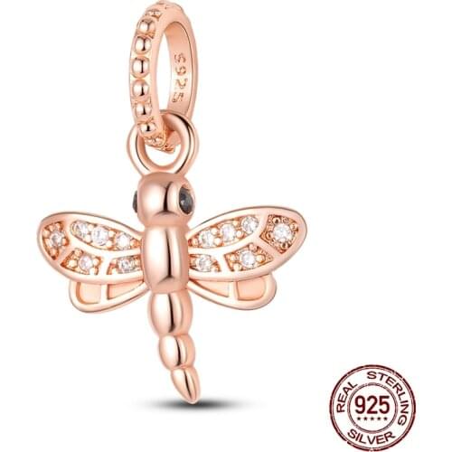 Dragonfly Charm 925 Sterling Silver & Rose Dragonfly Pendant Charm Beads Fit Original Pan Bracelet Silver S925 Jewelry