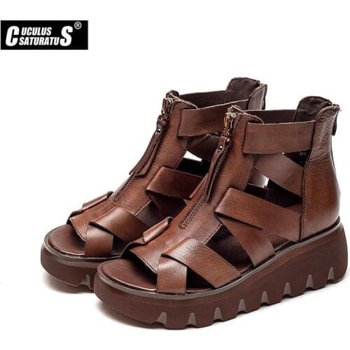Women Summer Sandals Mid Heels Wedges Shoes Ladies Vintage Genuine Leather Sandals