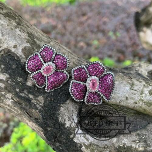 Micro pave aaa ruby zircon stones with pink tourmaline fusion stones women small cute flower stud earrings