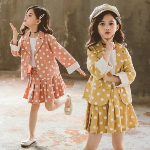 2021 Korea style girls 2 pcs dots set blazer+skirt cotton fashion autumn girls suit 4-9t B573