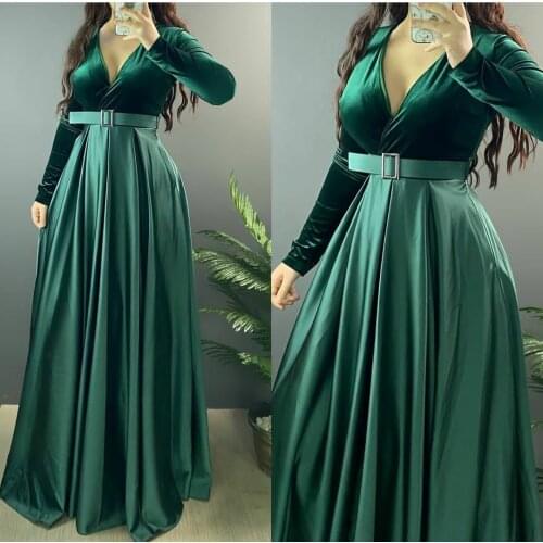 Vintage A-Line Arabic V-Neck Satin Evening Dresses Long Sleeve Velvet Top Abendkleider with Pockets Robes de Soirée for Women