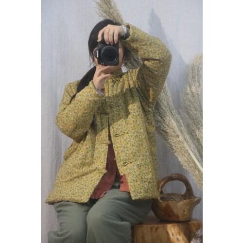 Women Cotton Linen Printed Coat Padded Outerwear Parkas Ladies Print Vintage Short Coat Female Autumn Winter Coat