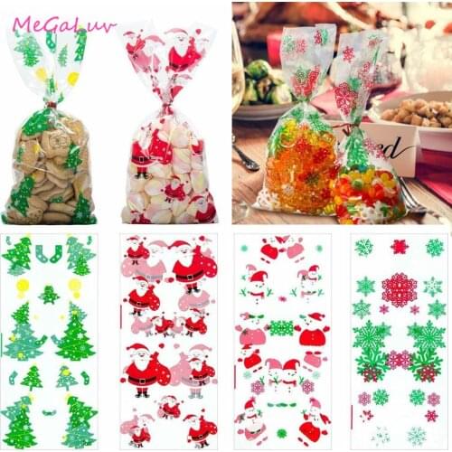 50pcs/set 28*13cm Christmas Bags Santa Claus Snowman Candy Cookie Bags With Twist Ties for Xmas Party Supplies New Year Gift Bag