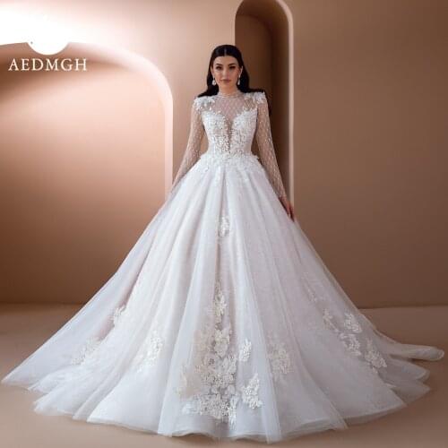 Aedmgh Ball Gown Wedding Dresses 2021 High Neck Long Sleeve Robe De Mariee Beaded Gorgeous Appliques Chapel Train Bridal Dress