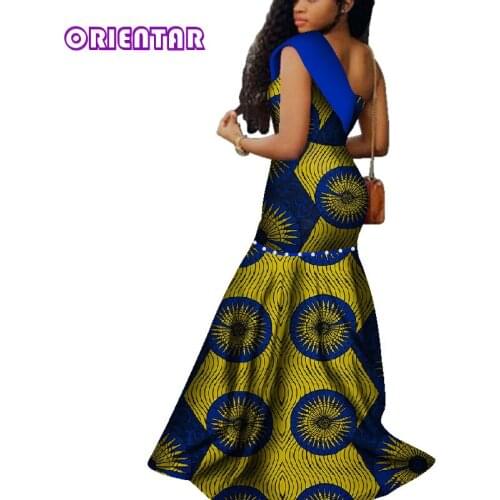 African Dresses for Women Fashion One-Shoulder Bodycon Long Maxi Dress African Bazin Riche Floor-Length Party Ball Gown WY4541