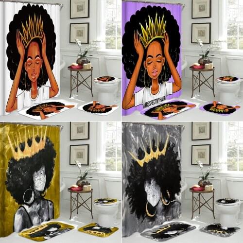 African Women with Crown Waterproof Shower Curtain Afro Girl Queen Bathroom Curtains Non-Slip Rugs Toilet Lid Cover Bath Carpet