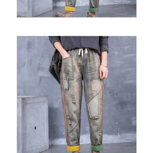 New Arrival Spring Arts Style Women Elastic Waist Cotton Denim Harem Pants Patchwork Pocket Vintage Loose Ripped Jeans