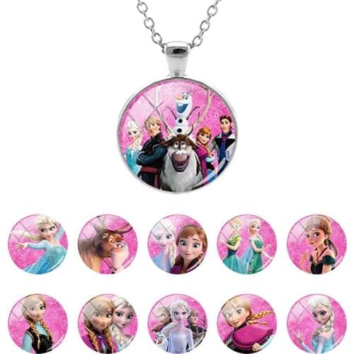 Disney Frozen Princess Elsa Anna Snow Glass Dome Pendant Chain Girls Necklace Cabochon Jewelry Summer Holiday Gifts New SQ145-25