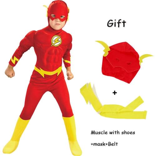 3-12Y Halloween Lightning Cosplay Costume For Kids Super Heroes Fancy Dress Fantasia Costume Boys Muscle Clothing Mask Belt Set