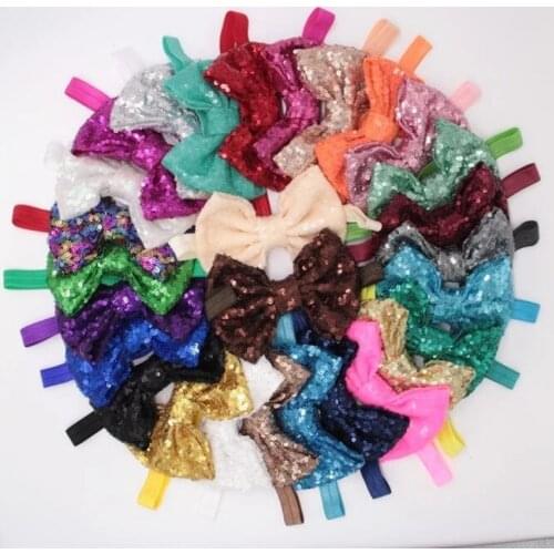 20pcs/lot 32 Colors 5" Knot Glitter Sequin Messy Bow Solid FOE Elastic Headband For Baby Children Turban Headband Hairbows