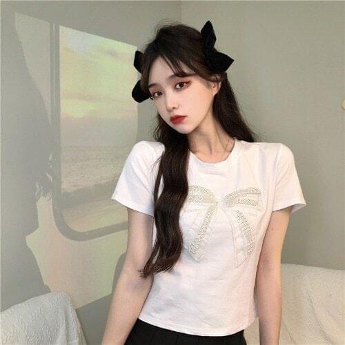 T-shirt Summer New Bow Knot Sweet Loose Loose Loose Thin Section White Thin Section T-shirt Short-sleeved Top Womens Clothing
