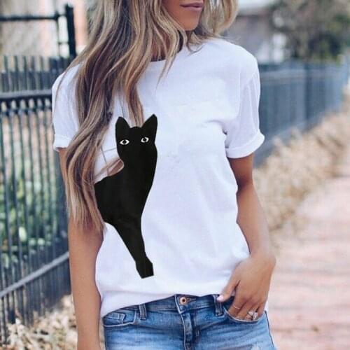Cotton Summer Cat Printing Short Sleeve Korean Tshirt Harajuku Round Neck Casual Streetwear Tops Camisetas Femininas Qy