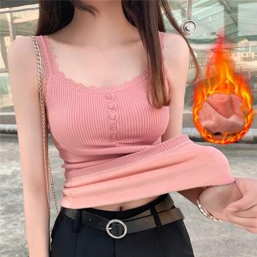 Women Lace Patchwork Tank Autumn Winter Warm Thick Velvet Camis Female Slim Button Sleeveless Vest Bottom underwear Tops AB1710