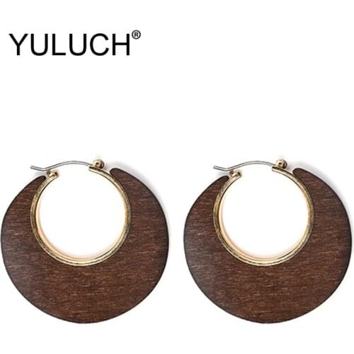 YULUCH Trendy Round Wood With Gold Metal Alloy Big Stud Earrings For Party Pop Women Earrings Fashion Jewelry For Wedding Party
