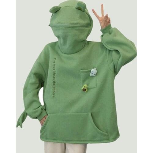 Letter Embroidery Cartoon Frog Hoodies Mens Hip Hop Streetwear Casual Fleece Sweatshirts Hooded Couples Pullover 2021 New Tops