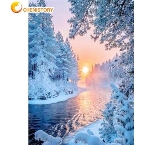 CHENISTORY Frame Painting By Number For Adults Snow Forest Sunset Drawing Coloring By Numbers Modern Wall Art Picture For Home