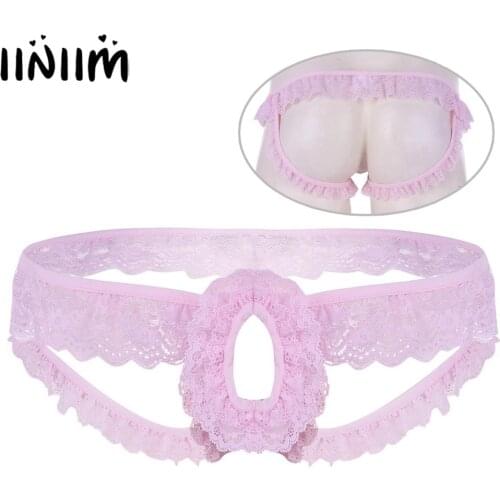 Iiniim Mens Lingerie Gay Sexy Panties Lace Frilly Sissy Panties Crotchless Open Back Briefs Underwear Underpants with Open Hole