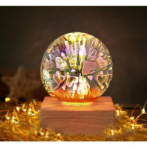 USB 3D Transparent Glass Ball Night Lights Magic Colorful Firework Light Solid Wood Base Festival Atmosphere Lamp