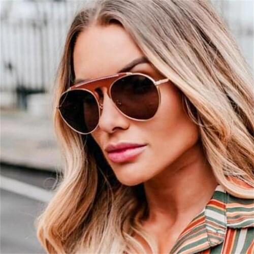 New Fashion womens metal sunglasses trend Red leather decorative sunglasses retro round frame Metal Glasses Male Shades