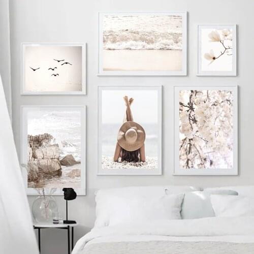 Beach Sea Waves Girl Seagull Sakura Reef Wall Art Canvas Painting Nordic Posters And Prints Wall Pictures For Living Room Decor