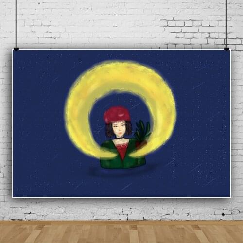 Illustration Cool Red Hat Girl with Moon Portrait Backdrop Party Home Living Room Decor Background Vinyl Photocall Banner Props