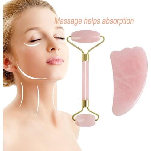 Rose Quartz Massage Pink Roller Gouache Scraper for Facical Massage Natural Jade Guasha Scraper Face Massage Roller