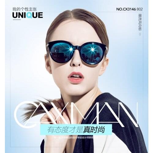 Sunglasses (large frame) womens retro black super polarized driving mirror CX3146 black frame gray film is blue REVO plating