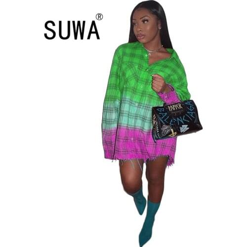 Gradient Color Plaid Print Loose Blouse Shirt for Women Turn Down Collar Long Sleeve Tops Streetwear Single-breasted Blouses