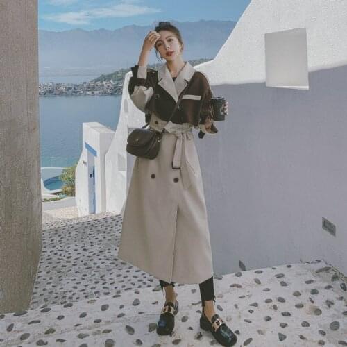 Womens Contrasting Color Windbreaker British Style 2021spring Autumn New Korean Loose Lapel Double-breasted Fashion Long Coat5E