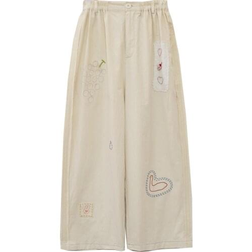 Womens Cotton Straight Trousers Summer New Preppy Style Heart-shaped Patch Cartoon Embroidery High Waist Pants Autumn
