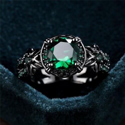Female Cute Star Flower Green Round Zircon Ring Vintage Black Gold Rings For Women Luxury Crystal Stone Ring Mothers Day Gifts