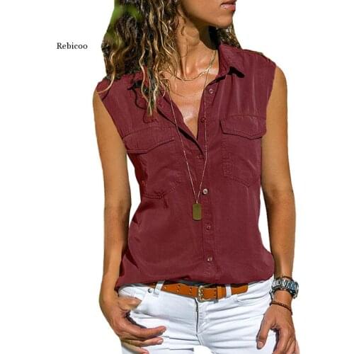 Women Shirts and Blouses Summer Turn-Down Collar Sleeveless Shirt Plus Size S-5Xl Pocket Deep V-Neck Ladies Blouse Chiffon