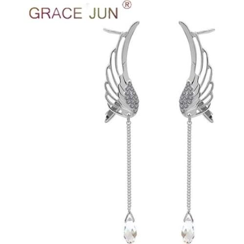 GRACE JUN Long Chain Cuff Clip on Earrings No Pierced for Women Party Party Elegant Crystal Rhinestone Teardrop No Hole Earrings
