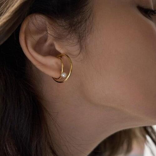 VENTFILLE 925 Sterling Silver Big Pearl Double Circle Single Clip Earring Female Fashion Golden Temperament Charm