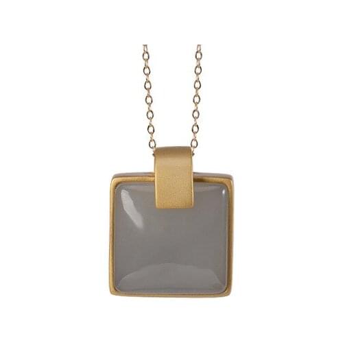 S925 sterling silver Hetian Smoke mauve Jade Pendant Retro Temperament Geometry Square Ladies Sweater chain pendant