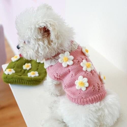 Pet Winter Clothes Flower Decor Lovely Soft Skin-friendly Round Neck Thickening Pink Green Cat Dog Warm Sweater for Autumn