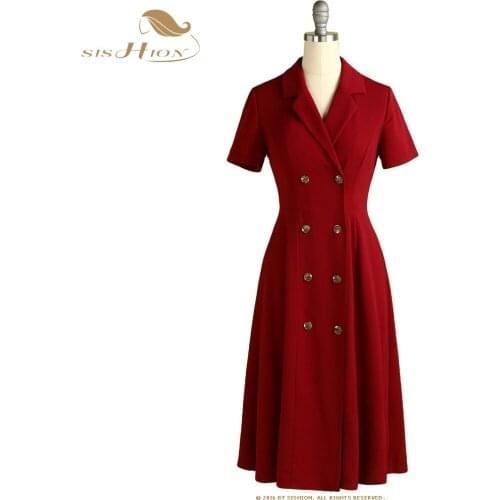 SISHION Office Ladies Wine Red Dress VD1638 Double Breasted Suit Collar Dresses for Women y2k Party OL Vintage Party