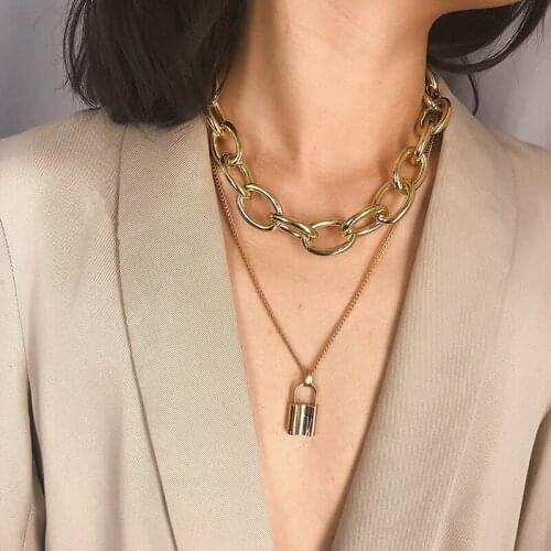 2021 New Gold color Silver color Padlock Necklace Women Double Chain Necklace Accessories Set Gothic Hiphop Rock Lock Men Choker