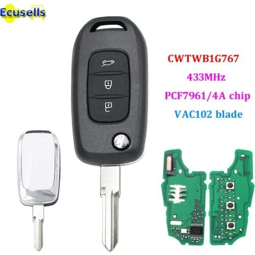 3 Buttons Flip Remote Key 433MHz PCF7961 4A Chip for Renault Kadjar Captur Megane 3 Symbol 2013-2017 CWTWB1G767 VAC102 uncut