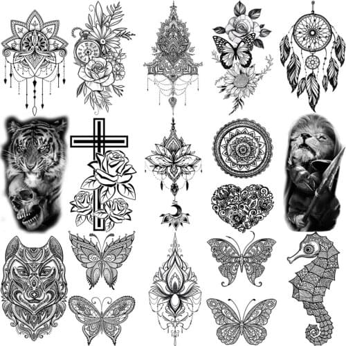 3D Lotus Pendant Henna Butterfly Temporary Tattoos For Women Adult Cross Tiger Lion Flower Fake Tattoo Neck Arm Hand Small Tatoo