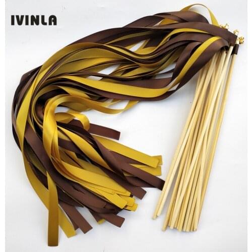 50pcs/lot Gold wedding ribbon wands with gold bells for wedding decoration