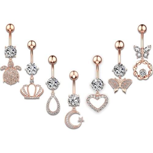 7pcs/set Steel Curved Barbell Piercing Ombligo CZ Belly Button Rings Navel Rings for Women Girls Body Piercing Jewelry New Style