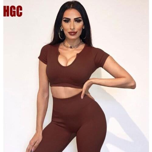 HGC Seamless Yoga Set Women Sexy V-neck Sport Leggings Top Push-up Short Sleeve Workout Sportwear Gym Elastic Slim Fitness Suit