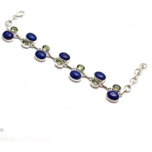 Genuine Lapis Lazuri + Peridot Bracelet 925 Sterling Silver, 18.7 cm, GRPB0437
